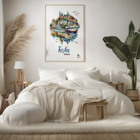 Plakat architektoniczny „Turku, pejzaż wspomnień” – impresyjna mapa miasta z lotu ptaka w delikatnych kolorach