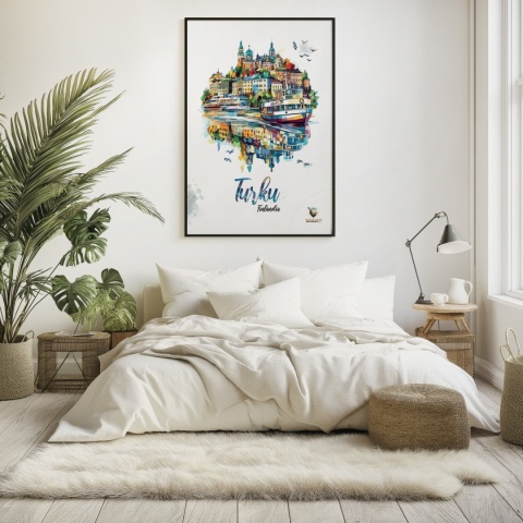 Plakat architektoniczny „Turku, pejzaż wspomnień” – impresyjna mapa miasta z lotu ptaka w delikatnych kolorach