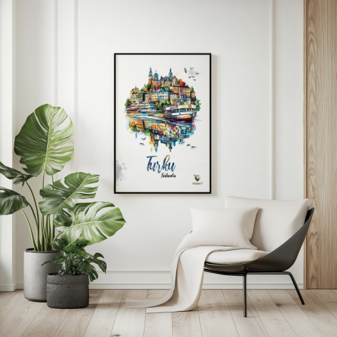 Plakat architektoniczny „Turku, pejzaż wspomnień” – impresyjna mapa miasta z lotu ptaka w delikatnych kolorach