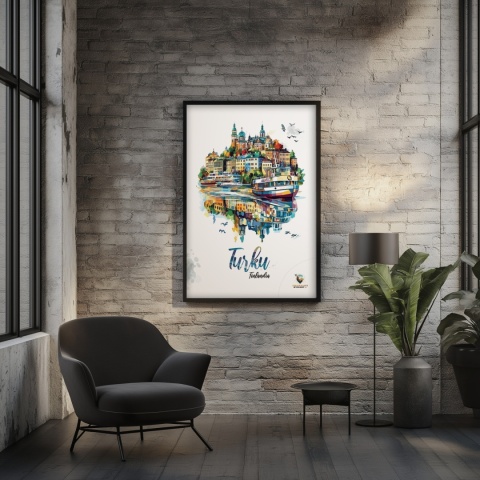 Plakat architektoniczny „Turku, pejzaż wspomnień” – impresyjna mapa miasta z lotu ptaka w delikatnych kolorach