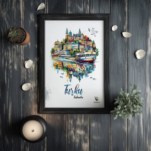 Plakat architektoniczny „Turku, pejzaż wspomnień” – impresyjna mapa miasta z lotu ptaka w delikatnych kolorach