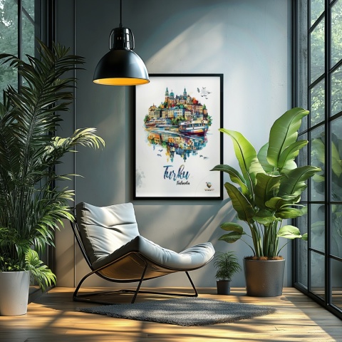 Plakat architektoniczny „Turku, pejzaż wspomnień” – impresyjna mapa miasta z lotu ptaka w delikatnych kolorach