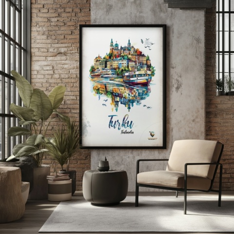 Plakat architektoniczny „Turku, pejzaż wspomnień” – impresyjna mapa miasta z lotu ptaka w delikatnych kolorach