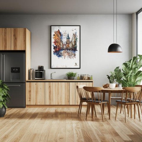 Plakat artystyczny – „Kraków, echo przestrzeni” – symboliczna, minimalistyczna kompozycja inspirowana ciszą miasta