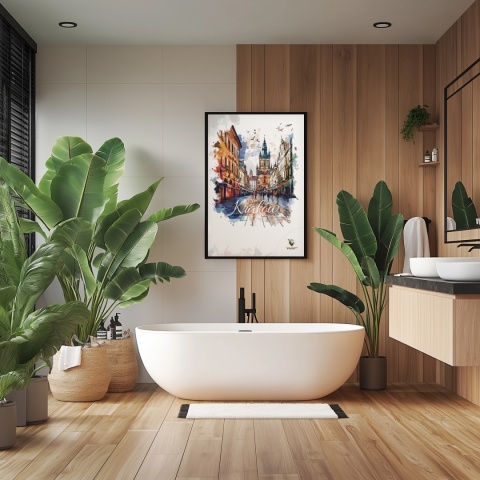 Plakat artystyczny – „Kraków, echo przestrzeni” – symboliczna, minimalistyczna kompozycja inspirowana ciszą miasta