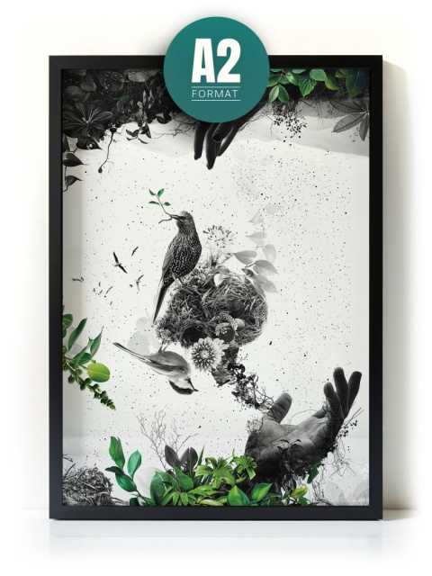 Plakat abstrakcyjny Format A2 - 0009 - „EkoGenesis” – surrealistyczna kompozycja dłoni, ptaków i roślin