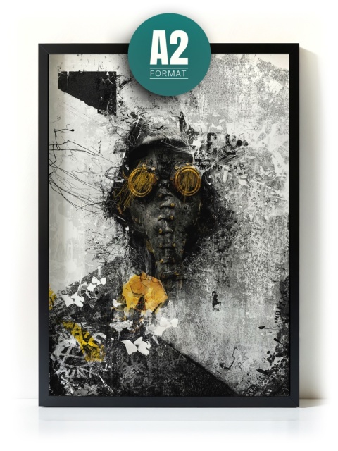 Plakat abstrakcyjny Format A2 - 0009 - „Zamaskowana Cisza” – postać w masce gazowej na industrialnym tle