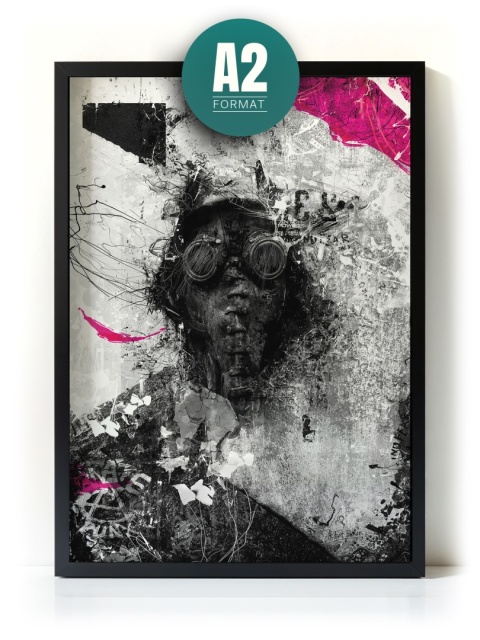 Plakat abstrakcyjny Format A2 - 0010 - „Zamaskowana Cisza” – postać w masce gazowej na industrialnym tle