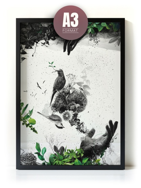 Plakat abstrakcyjny Format A3 - 0009 - „EkoGenesis” – surrealistyczna kompozycja dłoni, ptaków i roślin