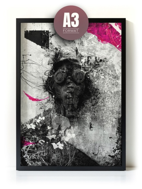Plakat abstrakcyjny Format A3 - 0010 - „Zamaskowana Cisza” – postać w masce gazowej na industrialnym tle