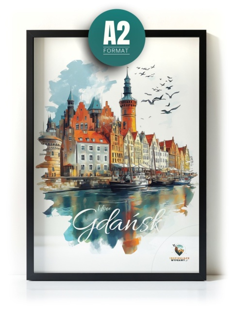 Plakat architektoniczny Format A2 – „Gdańsk – Portowe Echo Historii” – widok na nabrzeże Motławy z kamienicami i żurawiami