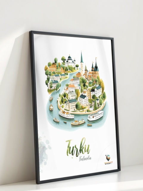Plakat architektoniczny „Turku, rzeka historii” – fińskie miasteczko ukazane w miękkim, pastelowym stylu