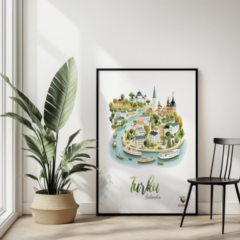 Plakat architektoniczny „Turku, rzeka historii” – fińskie miasteczko ukazane w miękkim, pastelowym stylu