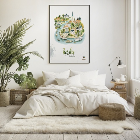 Plakat architektoniczny „Turku, rzeka historii” – fińskie miasteczko ukazane w miękkim, pastelowym stylu