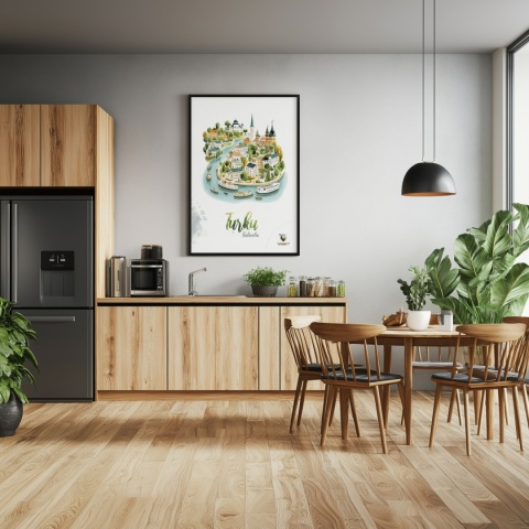 Plakat architektoniczny „Turku, rzeka historii” – fińskie miasteczko ukazane w miękkim, pastelowym stylu