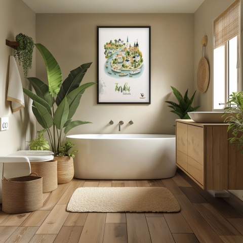 Plakat architektoniczny „Turku, rzeka historii” – fińskie miasteczko ukazane w miękkim, pastelowym stylu