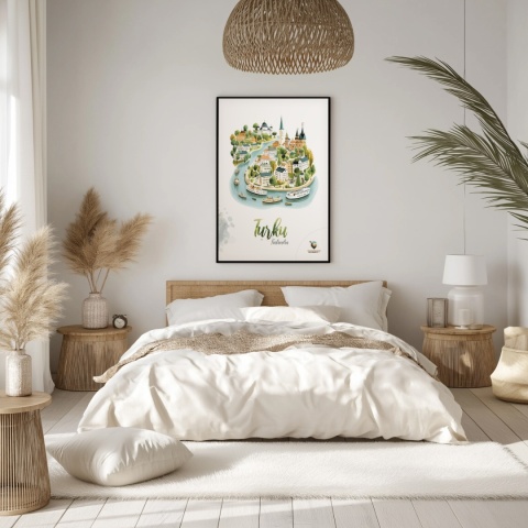 Plakat architektoniczny „Turku, rzeka historii” – fińskie miasteczko ukazane w miękkim, pastelowym stylu