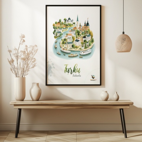 Plakat architektoniczny „Turku, rzeka historii” – fińskie miasteczko ukazane w miękkim, pastelowym stylu