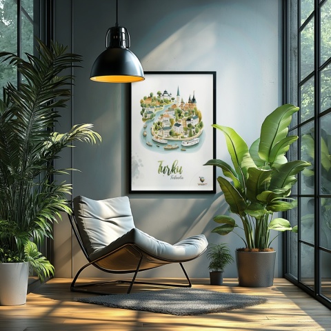 Plakat architektoniczny „Turku, rzeka historii” – fińskie miasteczko ukazane w miękkim, pastelowym stylu