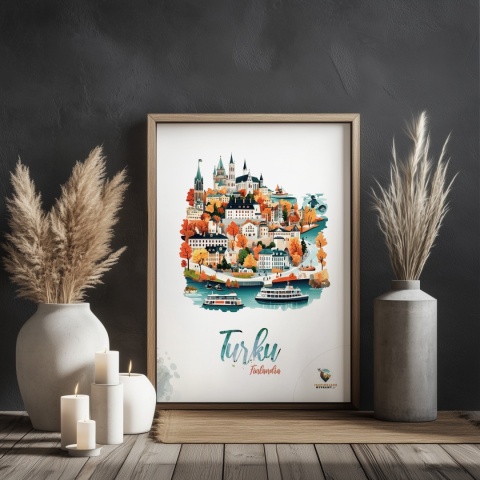 Plakat architektoniczny „Turku, złoto nad zatoką” – jesienna panorama fińskiego miasta w ciepłych kolorach