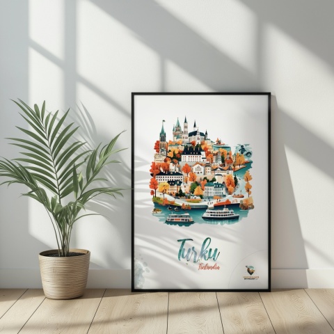 Plakat architektoniczny „Turku, złoto nad zatoką” – jesienna panorama fińskiego miasta w ciepłych kolorach