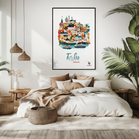 Plakat architektoniczny „Turku, złoto nad zatoką” – jesienna panorama fińskiego miasta w ciepłych kolorach