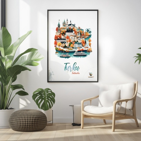 Plakat architektoniczny „Turku, złoto nad zatoką” – jesienna panorama fińskiego miasta w ciepłych kolorach