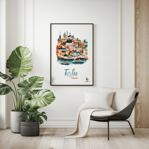 Plakat architektoniczny „Turku, złoto nad zatoką” – jesienna panorama fińskiego miasta w ciepłych kolorach