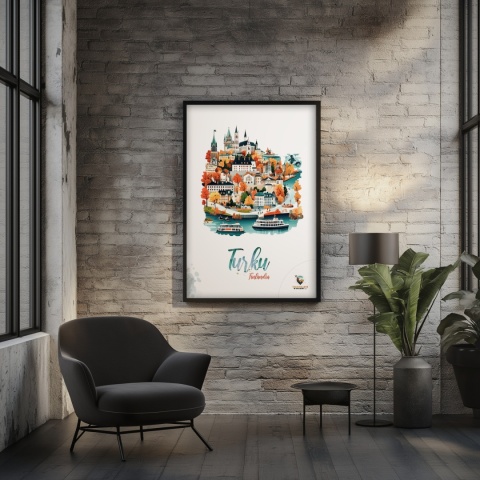 Plakat architektoniczny „Turku, złoto nad zatoką” – jesienna panorama fińskiego miasta w ciepłych kolorach