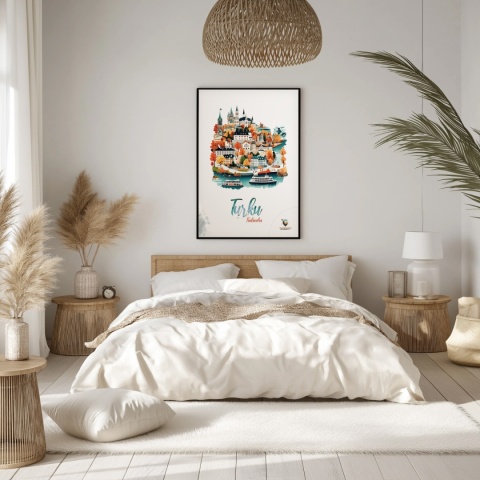 Plakat architektoniczny „Turku, złoto nad zatoką” – jesienna panorama fińskiego miasta w ciepłych kolorach