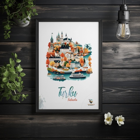 Plakat architektoniczny „Turku, złoto nad zatoką” – jesienna panorama fińskiego miasta w ciepłych kolorach