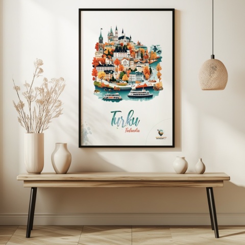 Plakat architektoniczny „Turku, złoto nad zatoką” – jesienna panorama fińskiego miasta w ciepłych kolorach