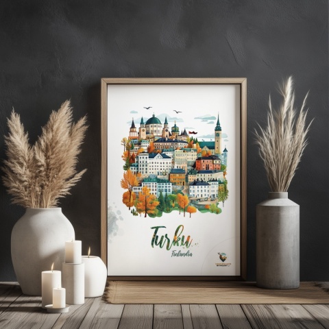 Plakat architektoniczny „Turku, na wzgórzu światła” – fińskie miasto z kopułami i wieżami w pastelowym stylu