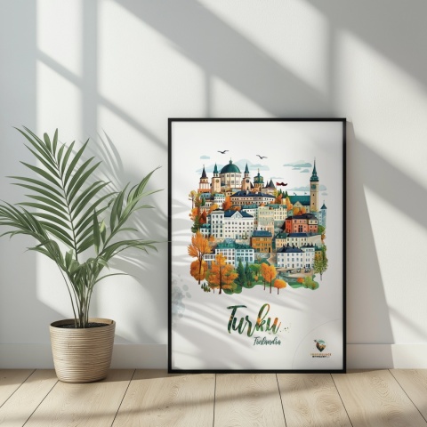 Plakat architektoniczny „Turku, na wzgórzu światła” – fińskie miasto z kopułami i wieżami w pastelowym stylu