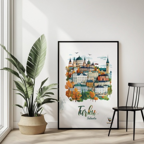 Plakat architektoniczny „Turku, na wzgórzu światła” – fińskie miasto z kopułami i wieżami w pastelowym stylu