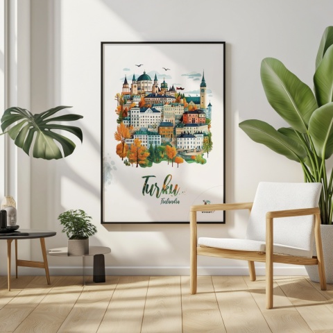 Plakat architektoniczny „Turku, na wzgórzu światła” – fińskie miasto z kopułami i wieżami w pastelowym stylu