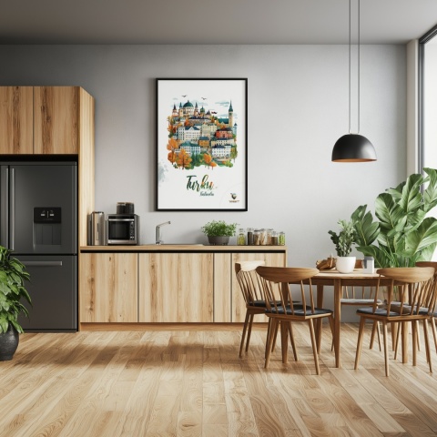 Plakat architektoniczny „Turku, na wzgórzu światła” – fińskie miasto z kopułami i wieżami w pastelowym stylu