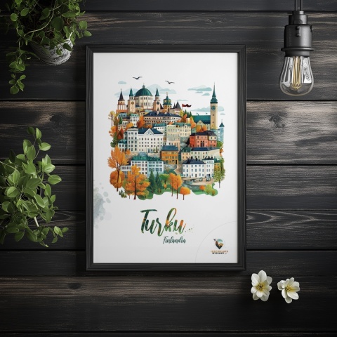 Plakat architektoniczny „Turku, na wzgórzu światła” – fińskie miasto z kopułami i wieżami w pastelowym stylu