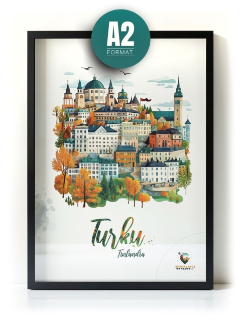 Plakat architektoniczny „Turku, na wzgórzu światła” – fińskie miasto z kopułami i wieżami w pastelowym stylu