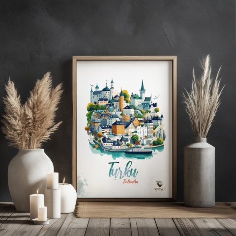 Plakat architektoniczny „Turku, linia ciszy” – geometryczna wizja miasta w surowym skandynawskim stylu