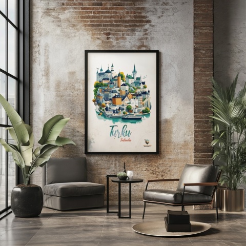 Plakat architektoniczny „Turku, linia ciszy” – geometryczna wizja miasta w surowym skandynawskim stylu