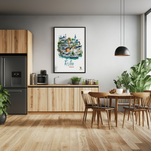 Plakat architektoniczny „Turku, linia ciszy” – geometryczna wizja miasta w surowym skandynawskim stylu