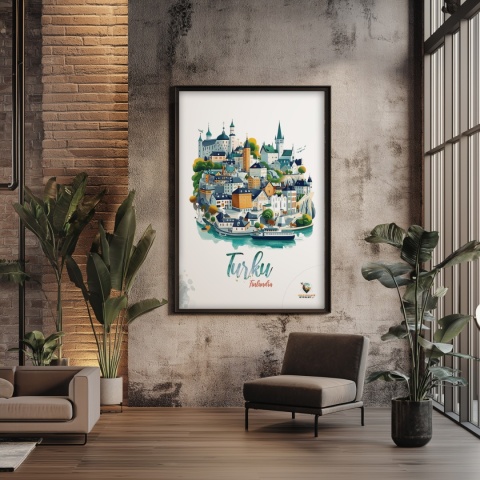 Plakat architektoniczny „Turku, linia ciszy” – geometryczna wizja miasta w surowym skandynawskim stylu