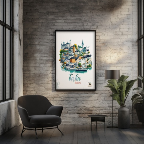 Plakat architektoniczny „Turku, linia ciszy” – geometryczna wizja miasta w surowym skandynawskim stylu