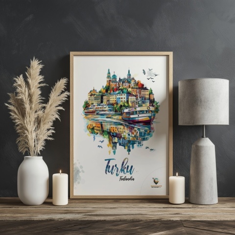 Plakat architektoniczny „Turku, pejzaż wspomnień” – impresyjna mapa miasta z lotu ptaka w delikatnych kolorach