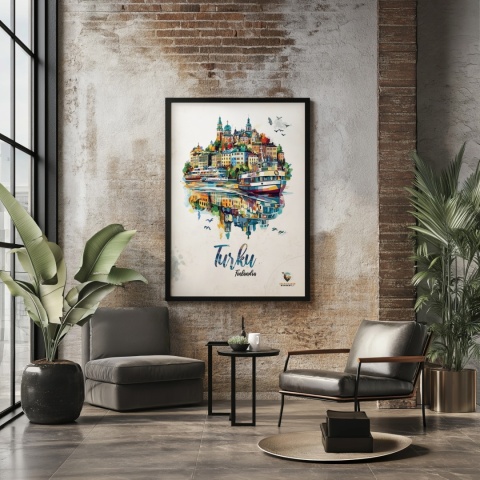 Plakat architektoniczny „Turku, pejzaż wspomnień” – impresyjna mapa miasta z lotu ptaka w delikatnych kolorach