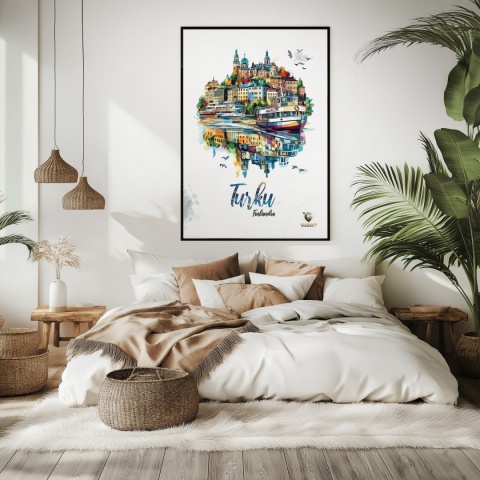 Plakat architektoniczny „Turku, pejzaż wspomnień” – impresyjna mapa miasta z lotu ptaka w delikatnych kolorach