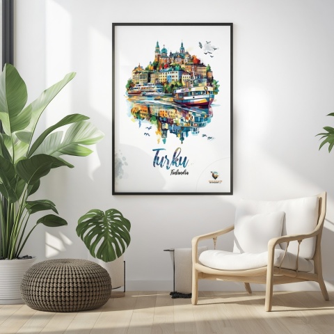 Plakat architektoniczny „Turku, pejzaż wspomnień” – impresyjna mapa miasta z lotu ptaka w delikatnych kolorach