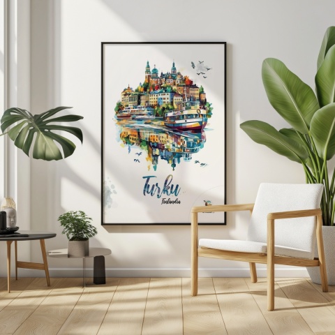 Plakat architektoniczny „Turku, pejzaż wspomnień” – impresyjna mapa miasta z lotu ptaka w delikatnych kolorach