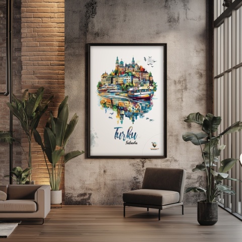 Plakat architektoniczny „Turku, pejzaż wspomnień” – impresyjna mapa miasta z lotu ptaka w delikatnych kolorach